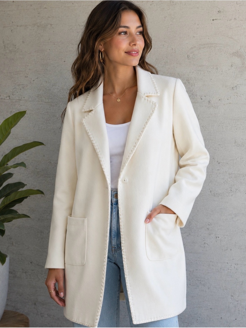 Women’s Cream Long Blazer Jacket - Classic Open Front